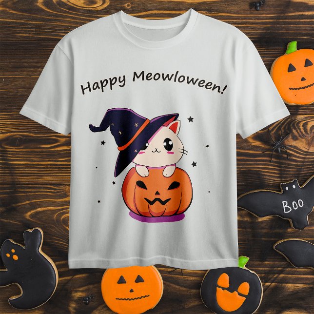 Katze mit Hexenhut zu Halloween Jack-O-Lantern T-Shirt (Von Creator hochgeladen)