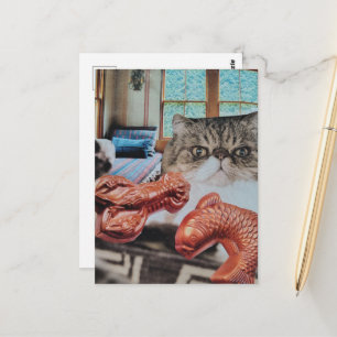 Katze mit Hummer und Fisch Collage Postkarte