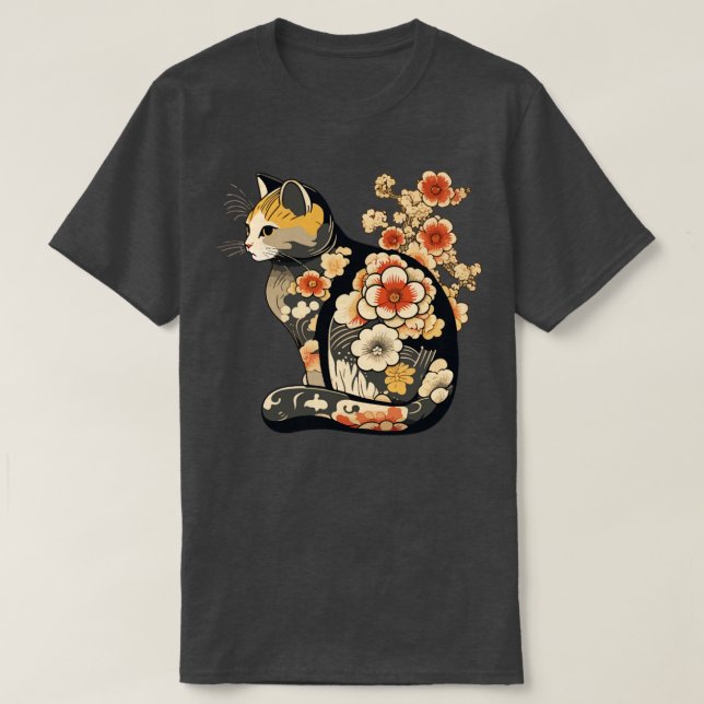 Katze mit japanischen Blume-Tattoos T-Shirt (Design vorne)