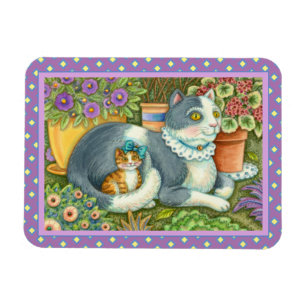 KATZE MIT JUNGEN, TOPFPFLANZEN, SCHLEIFEN & SPITZE MAGNET