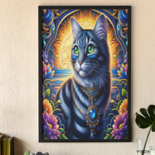 Katze mit Juwelen im lebendigen Fantasiegarten Poster