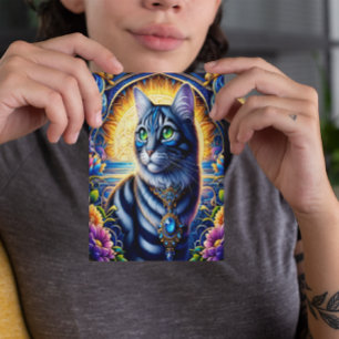 Katze mit Juwelen im lebendigen Fantasiegarten Postkarte