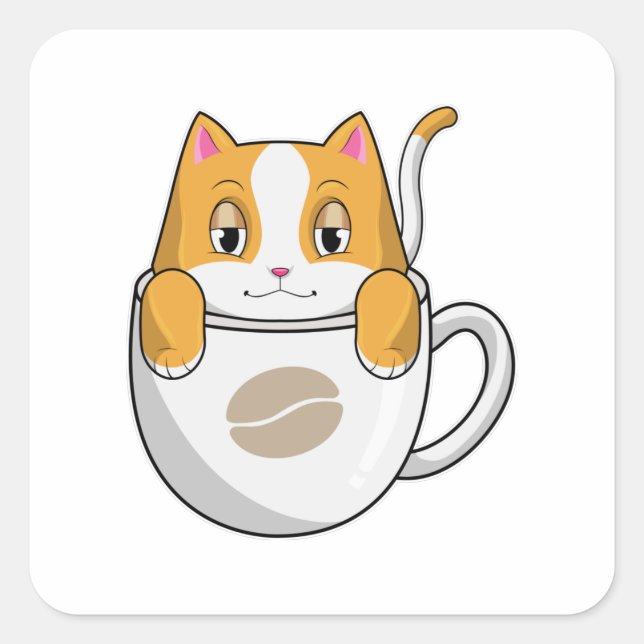Katze mit Kaffee-Cup Quadratischer Aufkleber (Vorderseite)