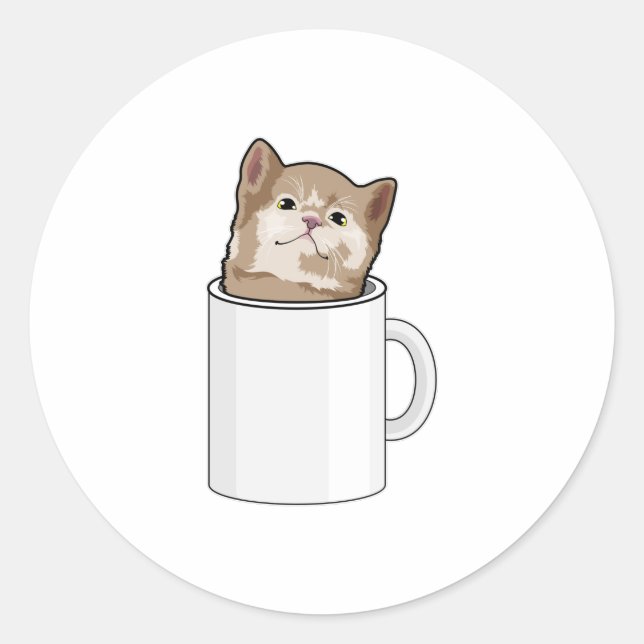 Katze mit Kaffee-Tasse Runder Aufkleber (Vorderseite)