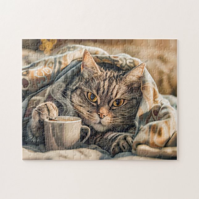 Katze mit Kaffee und Buch in gemütlicher Decke Puzzle (Horizontal)