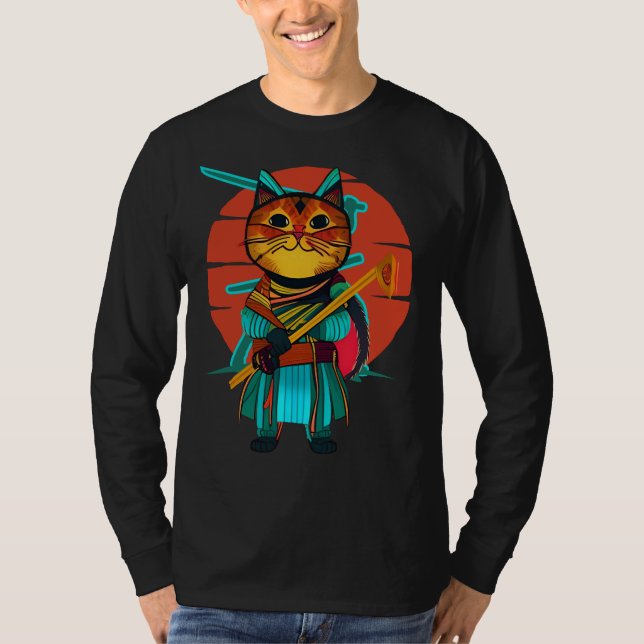 Katze mit Katana-T - Shirt (Vorderseite)
