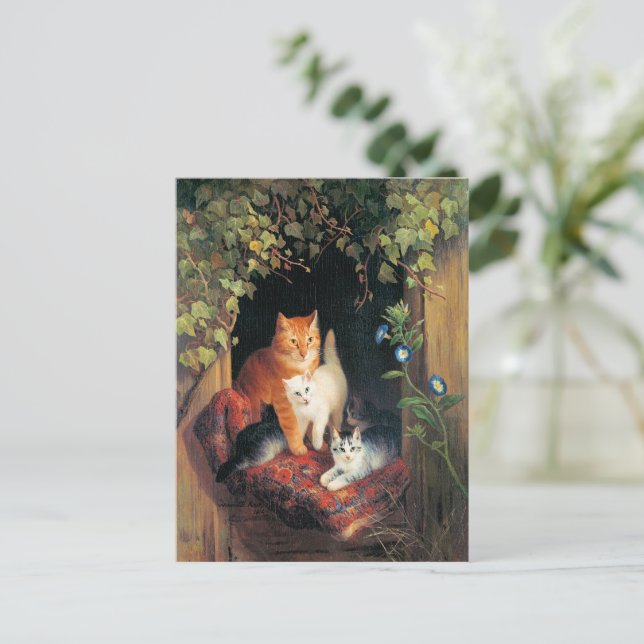 Katze mit Kätzchen, feine Kunstmalerei, Postkarte (Stehend Vorderseite)