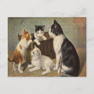Katze mit Kätzchen im Korb Vintage 1900er Postkart Postkarte