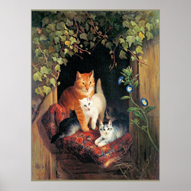 Katze mit Kätzchen, Kunstmalerei, Poster (Vorne)