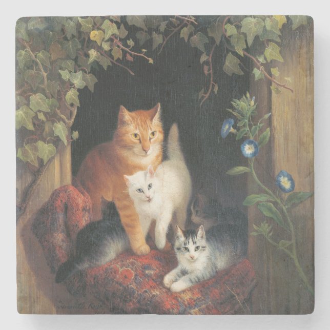 Katze mit Kätzchen (Tierart) Steinuntersetzer (Vorderseite)