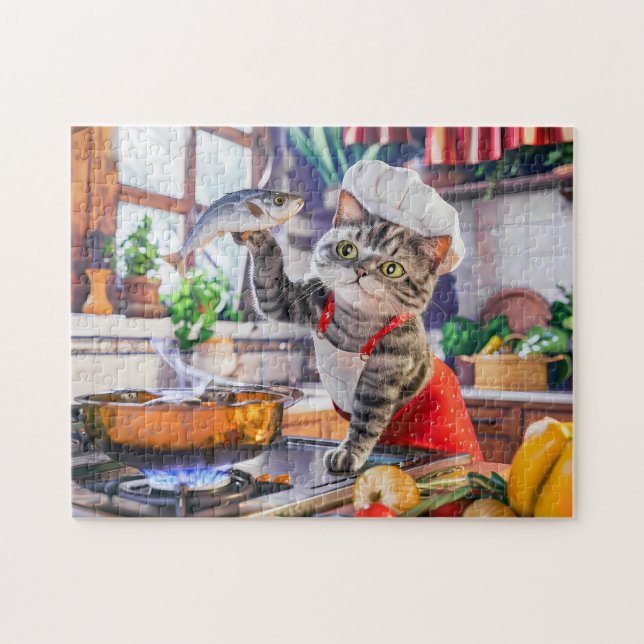 Katze mit Kochmütze beim Kochen mit Gemüse und Fis Puzzle (Horizontal)