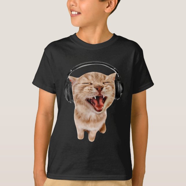 Katze mit Kopfhörern Meme mit Kindern T-Shirt (Vorderseite)