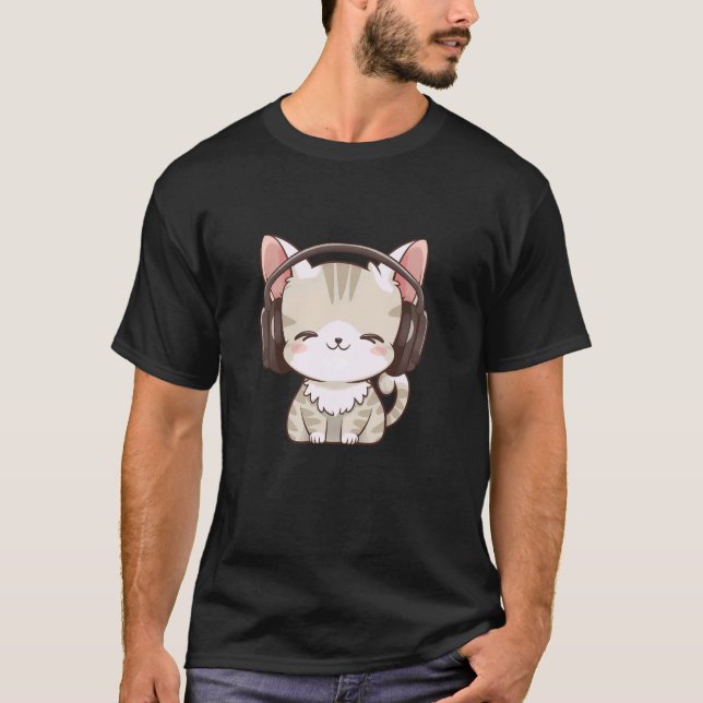 Katze mit Kopfhörern T-Shirt (Vorderseite)