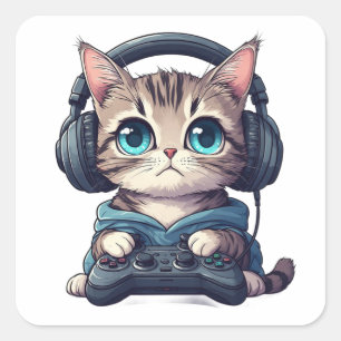 Katze mit Kopfhörern und Controller Quadratischer Aufkleber