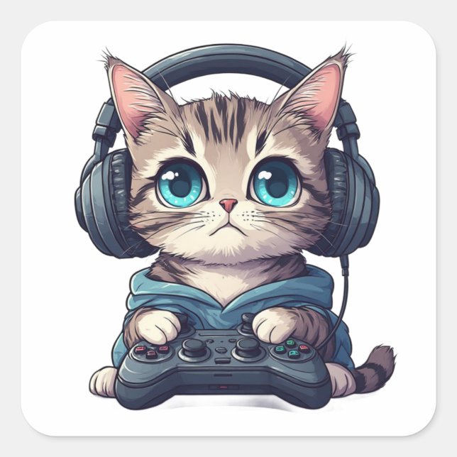Katze mit Kopfhörern und Controller Quadratischer Aufkleber (Vorderseite)