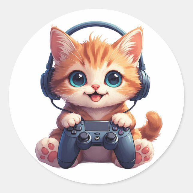 Katze mit Kopfhörern und Controller Runder Aufkleber (Vorderseite)