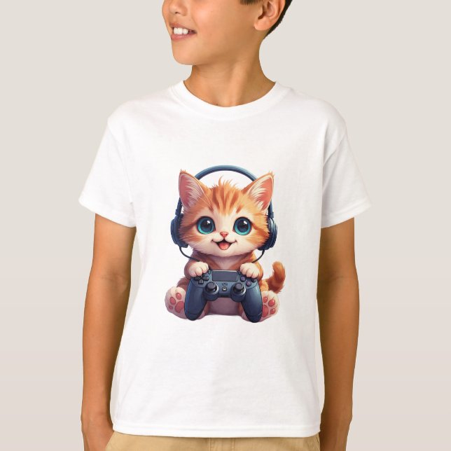 Katze mit Kopfhörern und Controller T-Shirt (Vorderseite)