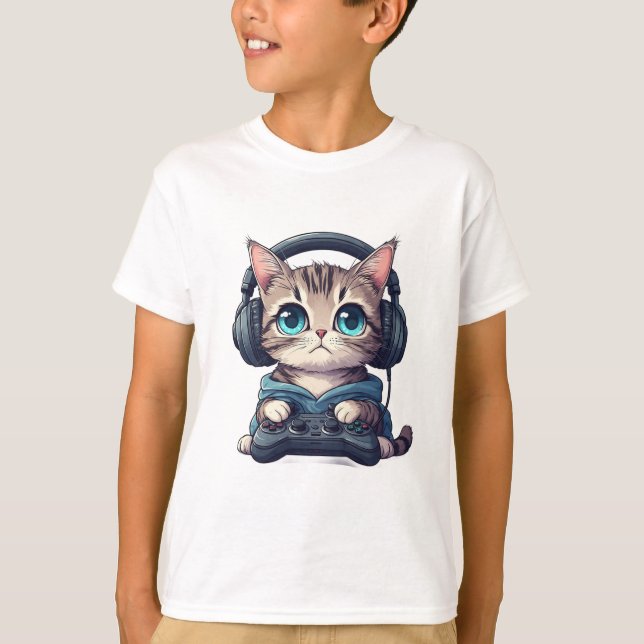 Katze mit Kopfhörern und Controller T-Shirt (Vorderseite)