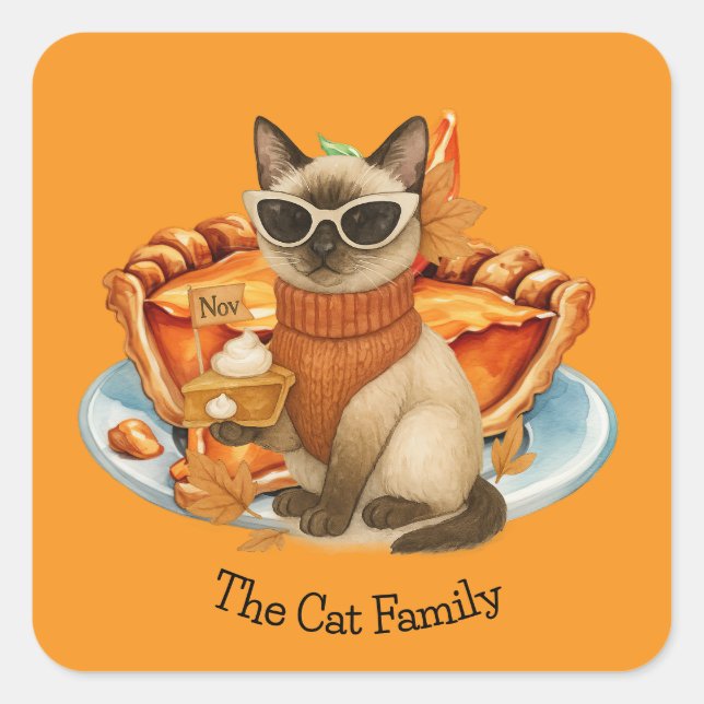Katze mit Kürbiskuchen für Erntedank Party Quadratischer Aufkleber (Vorderseite)