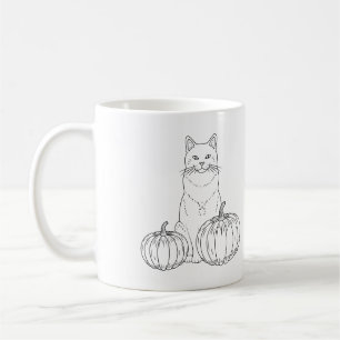 Katze mit Kürbissen Minimale Herbst-Linienkunst un Kaffeetasse
