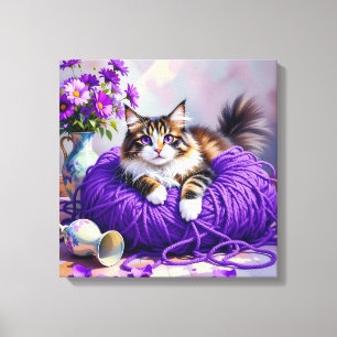 Katze mit lila Augen in lila Garn und Blumen Leinwanddruck