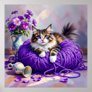 Katze mit lila Augen in lila Garn und Blumen Poster