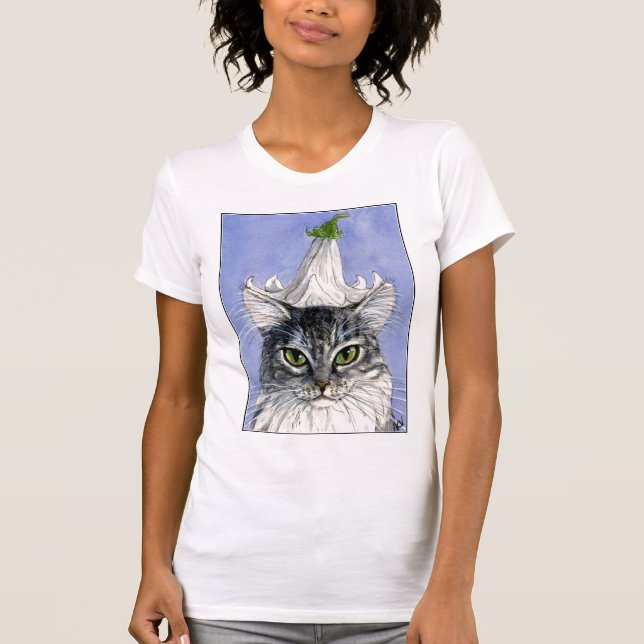 Katze mit Lilien-Hut auf blauem Hintergrundt-shirt T-Shirt (Vorderseite)