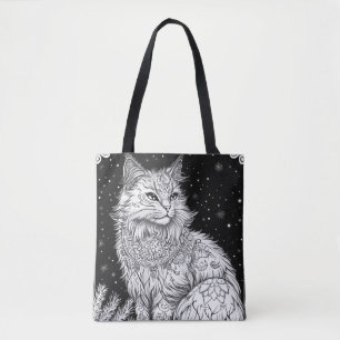 Katze mit Mandala unter magischem Sternenhimmel