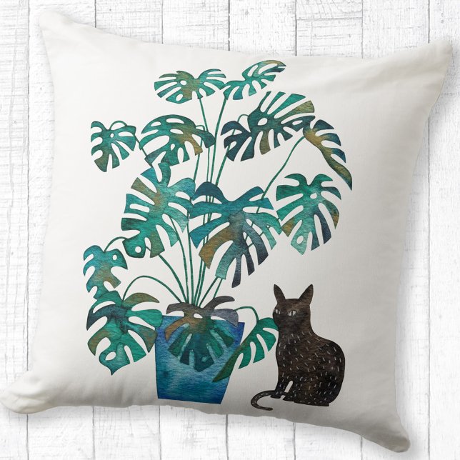 Katze mit Monstera Pflanze Wasserfarbe Kissen (Cat with Swiss Cheese Plant watercolor art throw pillow)