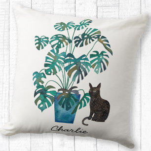 Katze mit Monstera Pflanze Wasserfarbe Personalisi Kissen