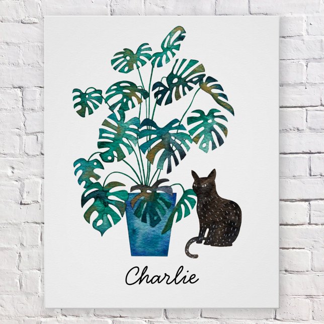 Katze mit Monstera Pflanze Wasserfarbe Personalisi Poster (Black cat with monstera swiss cheese plant)