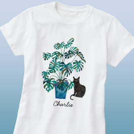 Katze mit Monstera Pflanze Wasserfarbe Personalisi T-Shirt