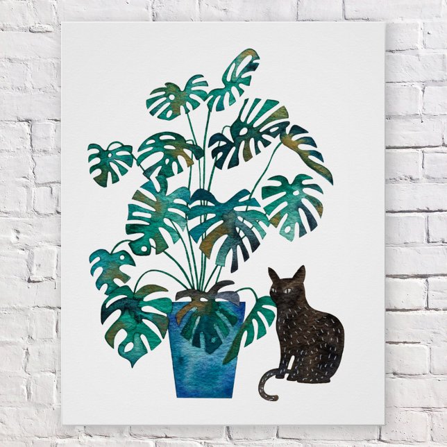 Katze mit Monstera Pflanze Wasserfarbe Poster (Black cat with monstera swiss cheese plant watercolor poster)