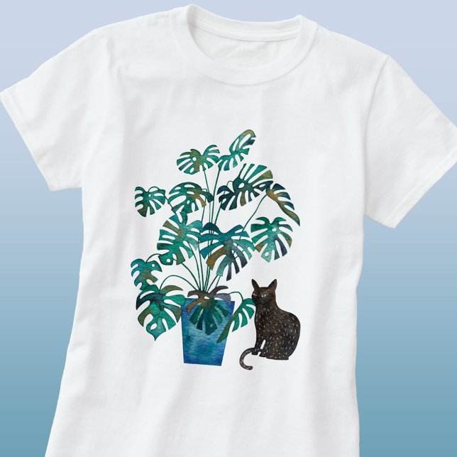 Katze mit Monstera Pflanze Wasserfarbe T-Shirt (Cat with Swiss Cheese Plant watercolor art t-shirt)