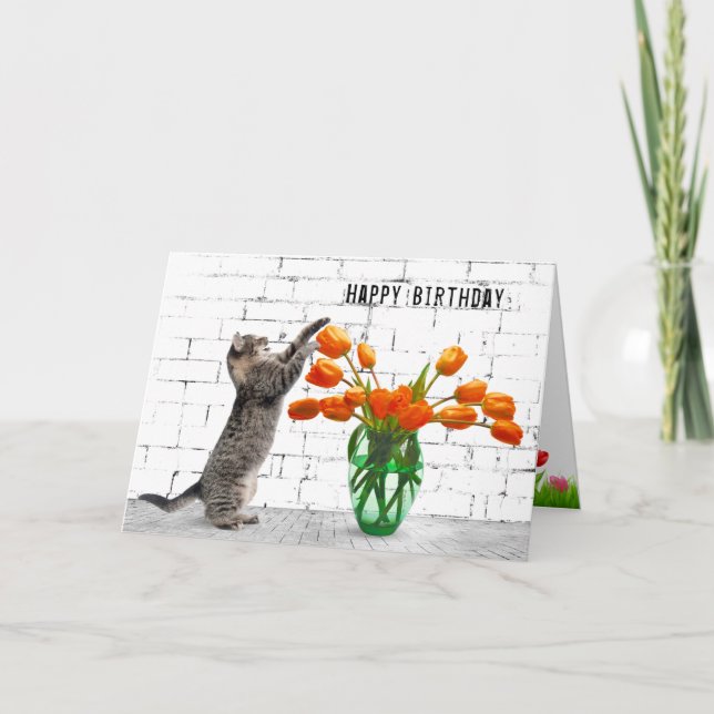 Katze mit Orange Tulips Geburtstag Karte (Vorderseite)