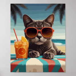 Katze mit Orangensaft am Strand Poster