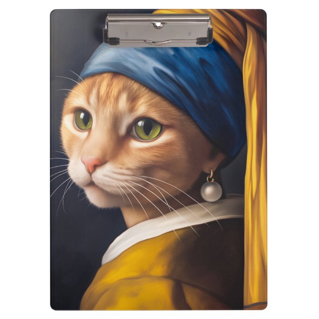 Katze mit Perlenohrring | Funny Vermeer Parody Klemmbrett (Vorderseite)