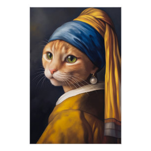 Katze mit Perlenohrring   Funny Vermeer Parody Poster