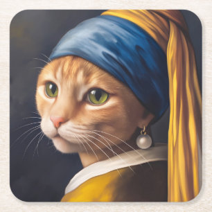 Katze mit Perlenohrring   Funny Vermeer Parody Rechteckiger Pappuntersetzer