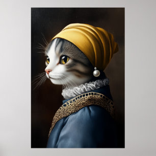 Katze mit Perlenohrring Poster