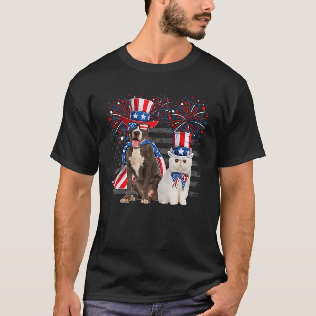 Katze mit Pit Bull-Sonnenbrille Amerikanische Flag T-Shirt (Vorderseite)
