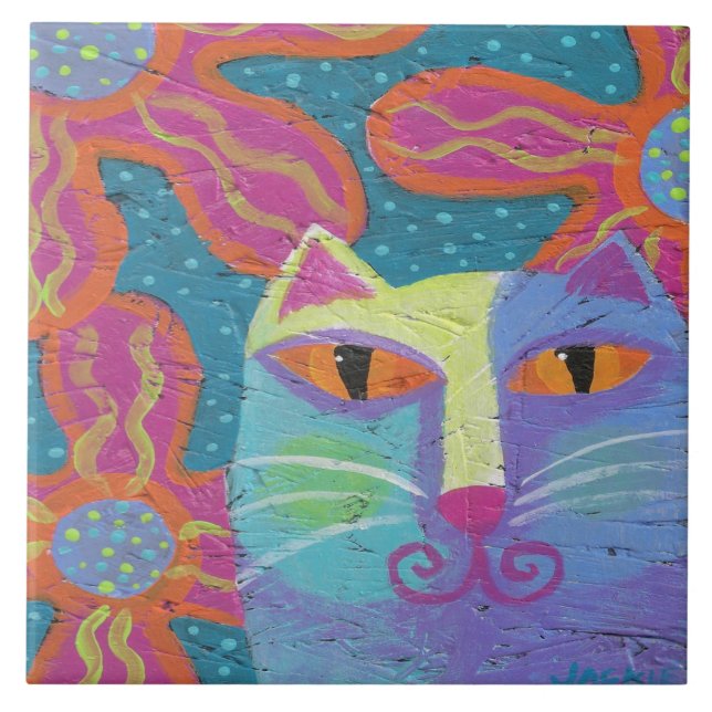Katze mit rosa Blume Abstrakte Malerei Fliese (Vorderseite)