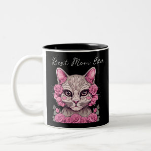 Katze mit rosa Rosen Personalisiert Beste Mama je Zweifarbige Tasse