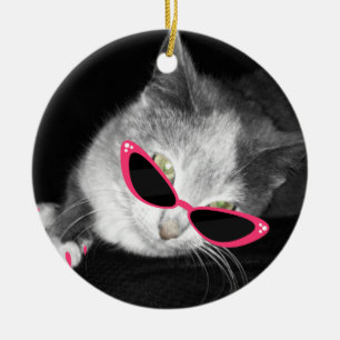 Katze mit rosa Sonnenbrille u. Greifer-Verzierung Keramikornament