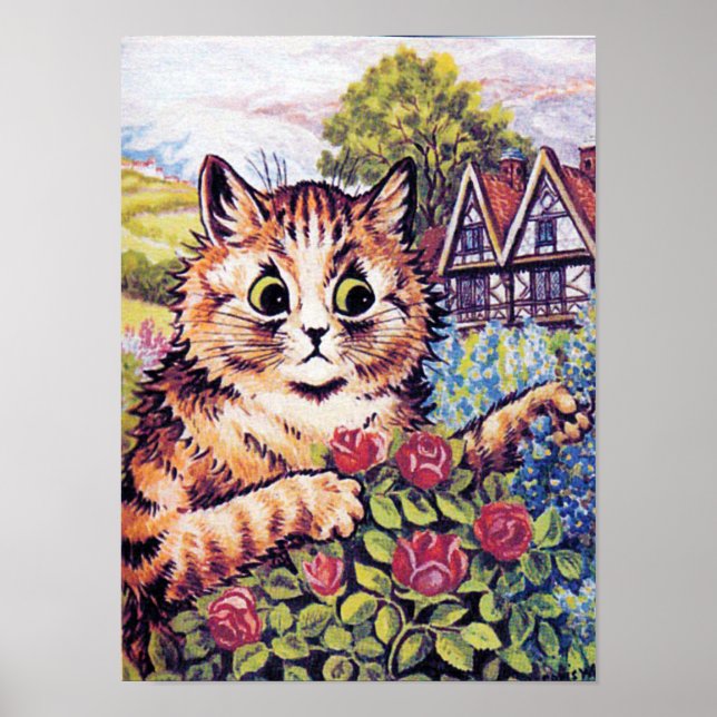 Katze mit Rose, Louis Wain Poster (Vorne)