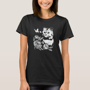 Katze mit Rosen und Schmetterlingen Floral T-Shirt