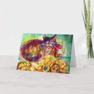 KATZE MIT ROTEM BAND UND SONNENBLUMEN KARTE