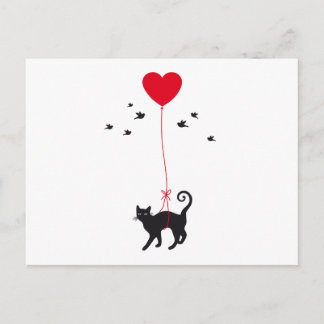 Katze mit rotem Herzballon und Vögeln Postkarte