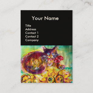KATZE MIT ROTEM RIBBON UND SONNENBLUMEN-MONOGRAMM VISITENKARTE