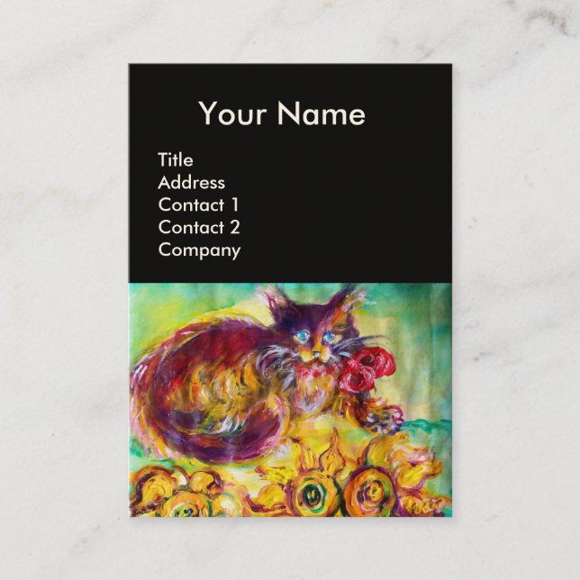 KATZE MIT ROTEM RIBBON UND SONNENBLUMEN-MONOGRAMM VISITENKARTE (Vorderseite)